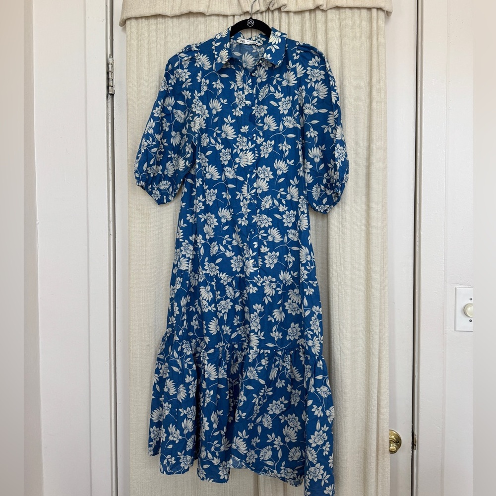 Zara Floral Blue Puff Sleeve Ruffle Shirt Midi Dress 100% Cotton Small